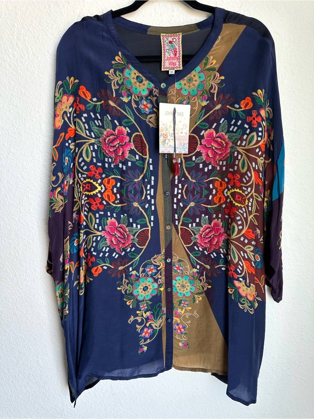 Johnny Was embroidered silk blend Mardi blouse‎ NWT RARE size 3X Boho - Picture 3 of 15